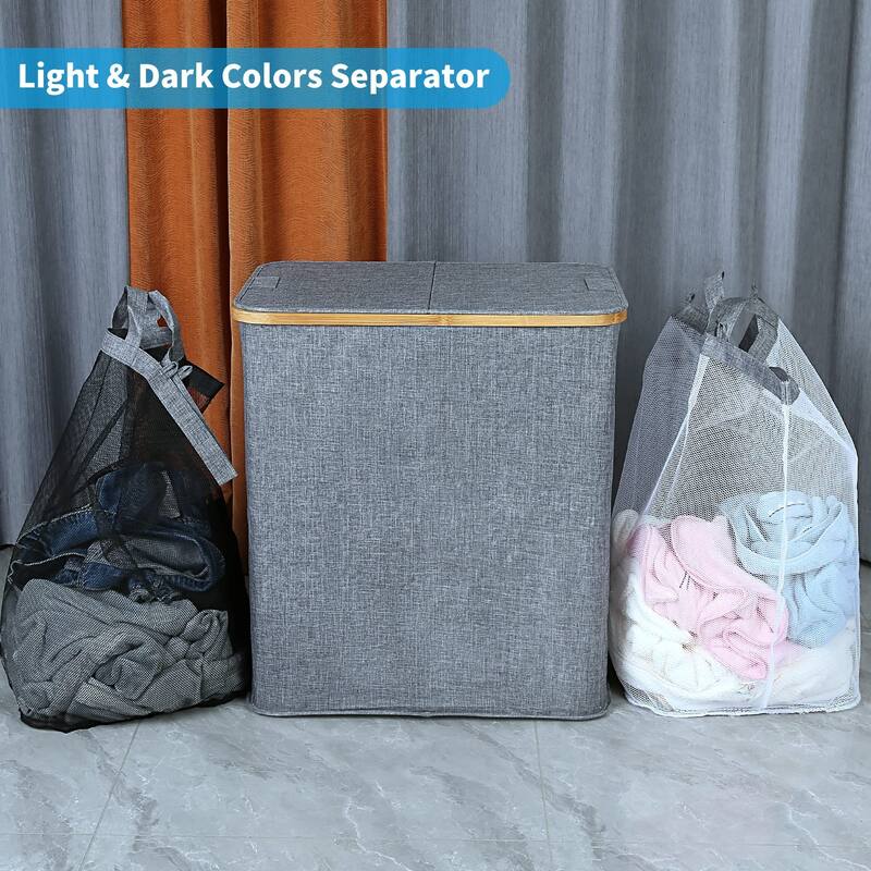 Double Laundry Hamper with Lid, Divided Laundry Hamper with Removable Bags, 2 Section Dirty Clothes Basket with Handles
