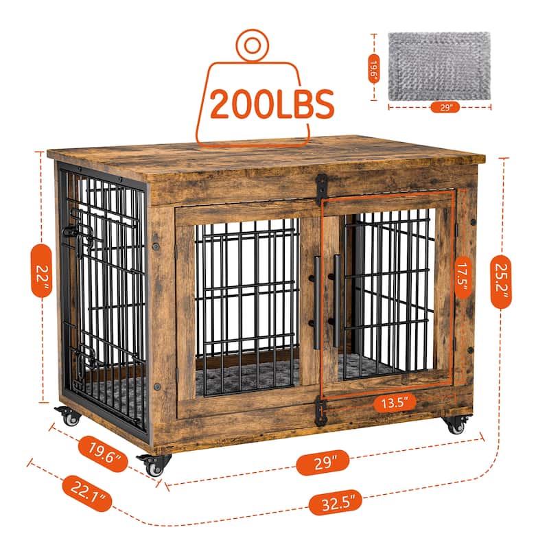 Dog Crate Indoor Heavy Duty Double Doors Wooden Dog Cage with Cushion