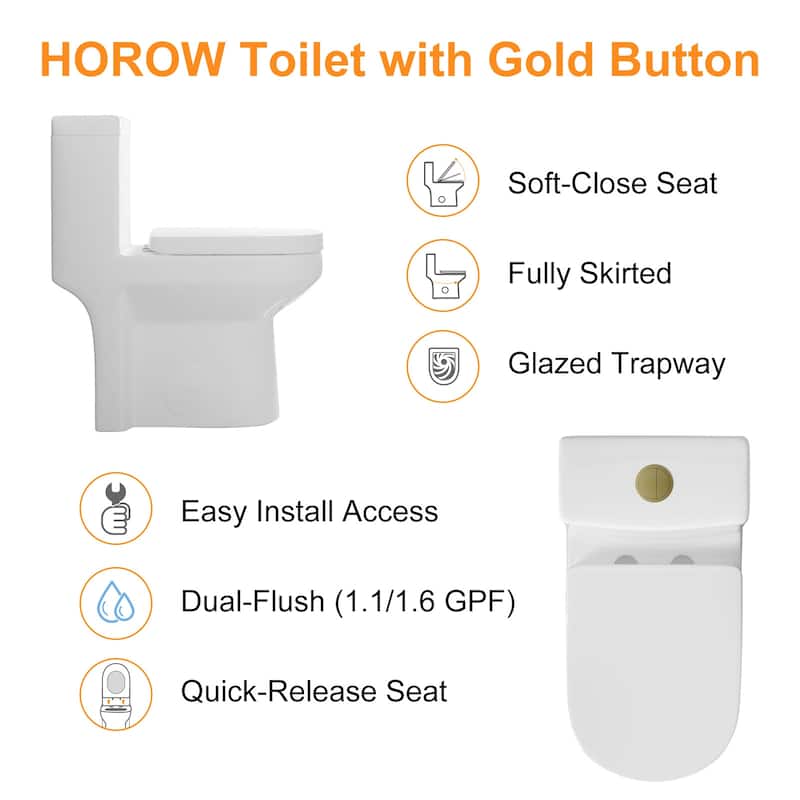 1 Piece High Efficiency Dual Flush Toilet White 0.8 1.28 GPF Seat Included Brushed Gold Button