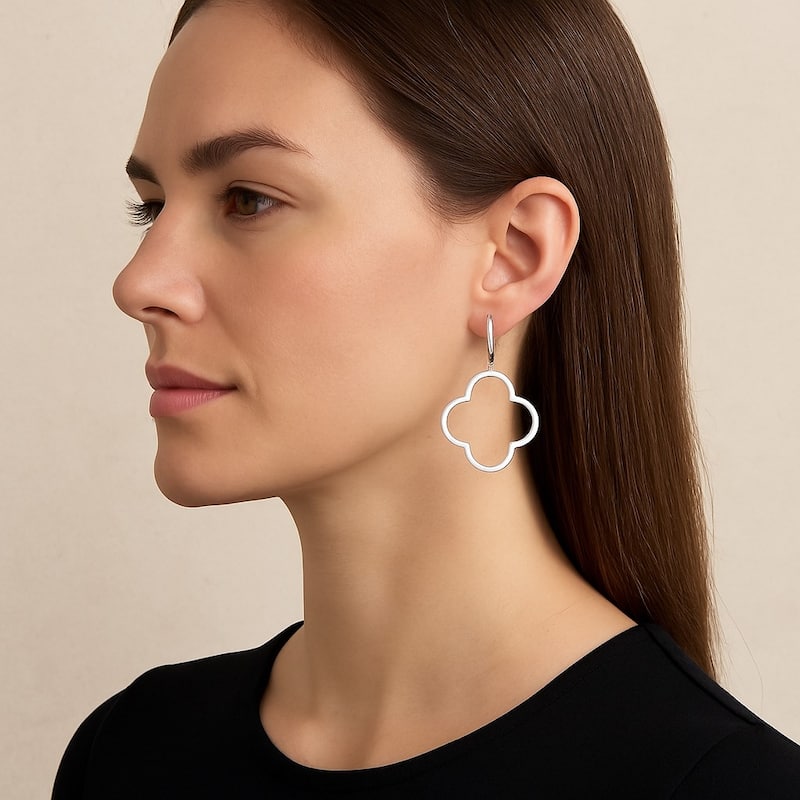 Rhodium Polished Clover Dangle Earrings - 1 1/4" Long