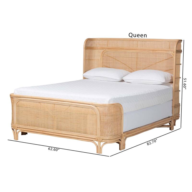 Fiore Natural Rattan Bed Frame - Handwoven Wicker Headboard and Footboard with Curved Corners, Boho Coastal Furniture, Queen