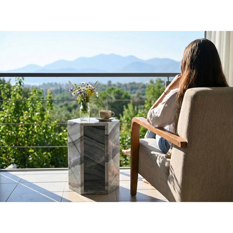 Roomfitters Luxury Natural Marble Hexagon Side Table, Solid Stone Geometric Pedestal End Table, Polished Finish