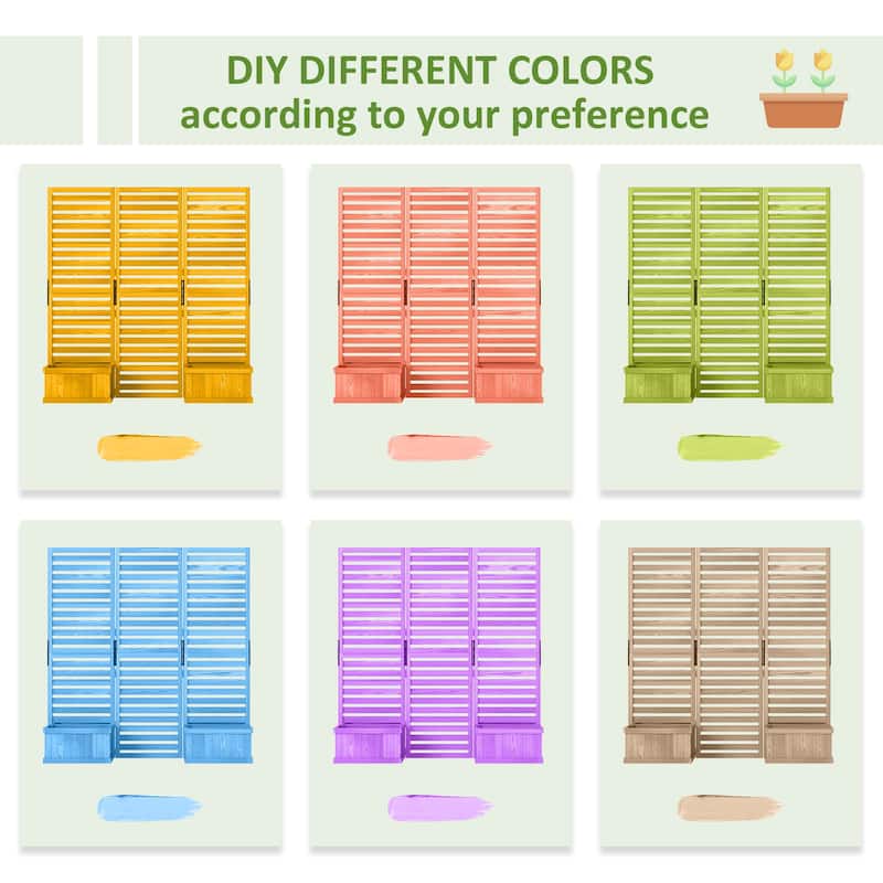 Outsunny Wood Privacy Screen with 4 Planter Box, Flower Pot Vegetable Raised Bed w/ 3 Panels and Drainage Holes for Patio