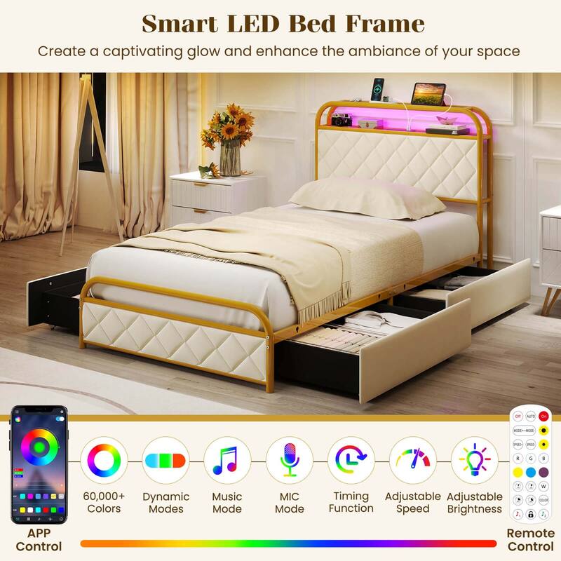 Costway Twin/Full/Queen Size Bed Frame with LED Lights & Charging