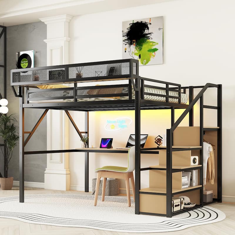 Iron Loft Bed Frame with Desk, Charging Station, Bedside Shelf and Wardrobe, Heavy Duty Metal Loftbed with LED Lights