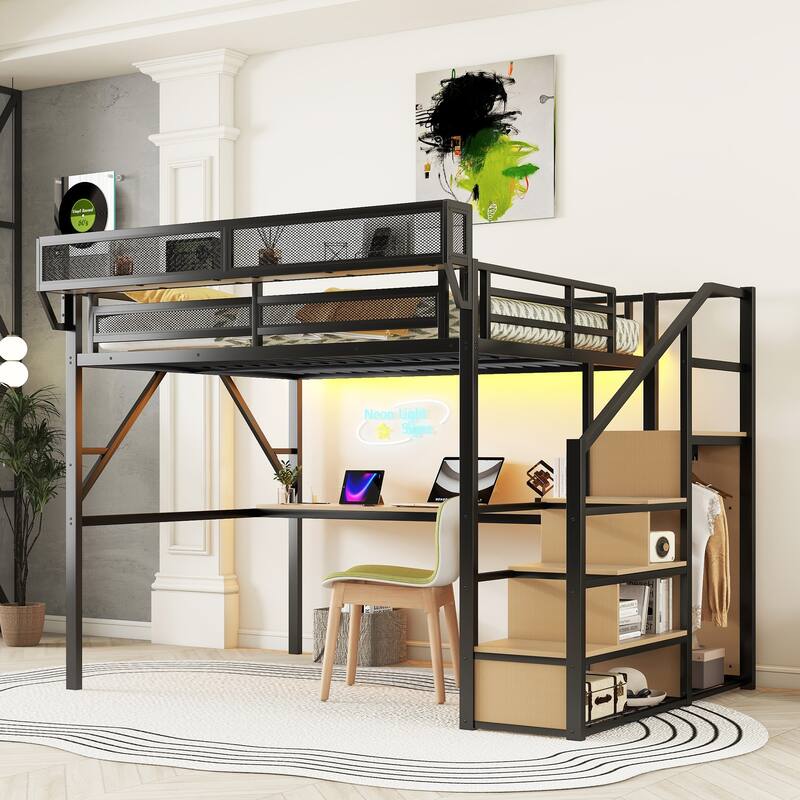 Queen Size Metal Loft Bed with Desk, Stairs, Charging Station, and Storage for Kids and Teens