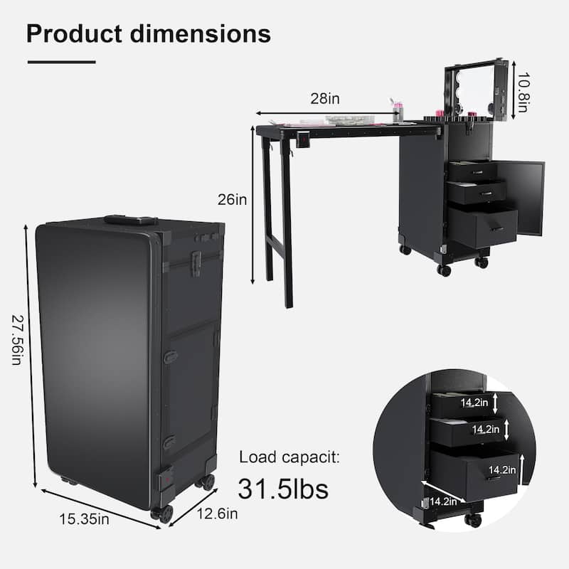 Roomfitters Portable Nail Table with LED Mirror, Lockable Drawers and Bluetooth, Folding Manicure Station on Wheels, Black