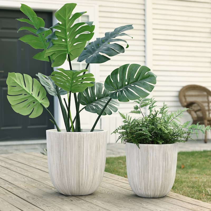 2-Piece Tapered Round Plastic Planters Set, Mediterranean Style - Mediterranean White