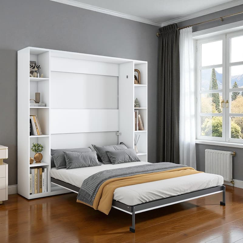 Queen Murphy Wall Bed with Side Storage Cabinets, 89.7in Folding Hidden Bed, Hydraulic Assist, Solid Wood Slats