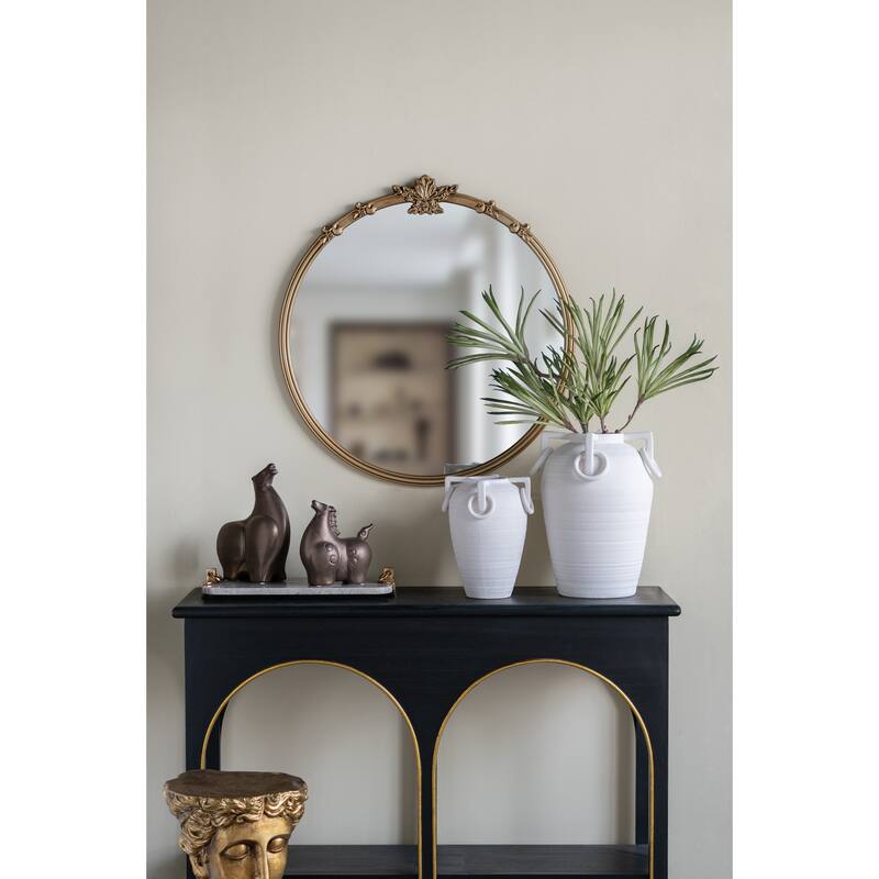 30x31" Round Wall Mirror With Gold Finish And Decorative Leaf Crest