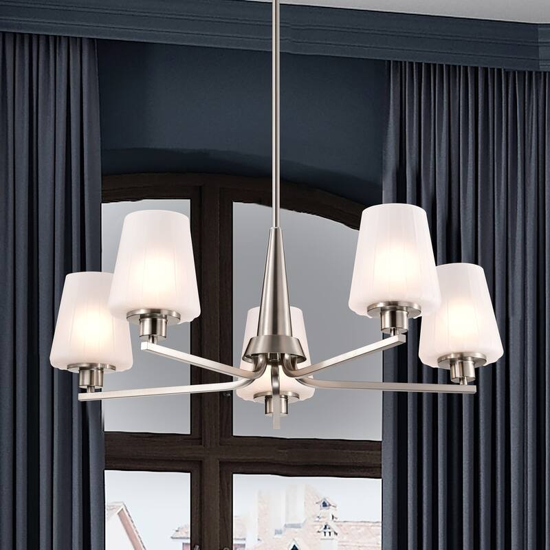 Lune 5 Light Chandelier Brushed Nickel Finish Etched White Glass - Brushed Nickel