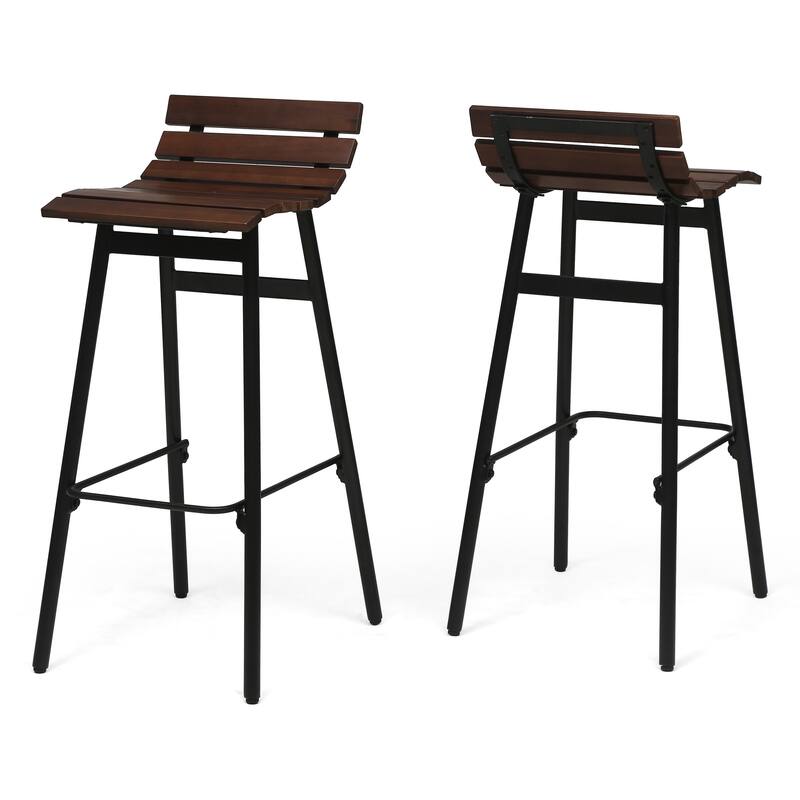 Roomfitters 2-Piece Modern Industrial Bar Stools, Wood Slat Counter Height Chairs with Metal Legs for Dining
