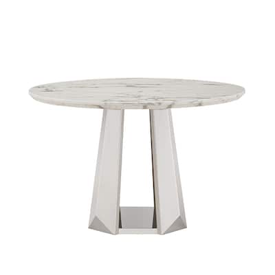 47" Round Dining Table with Faux Marble Tabletop and Stainless Steel Base - Silver+White