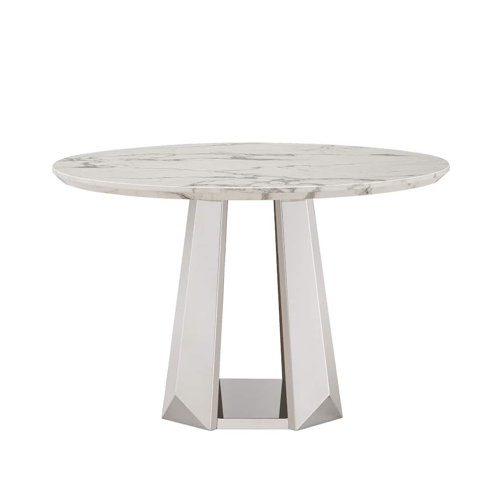 47" Round Dining Table with Faux Marble Tabletop and Stainless Steel Base - Silver+White