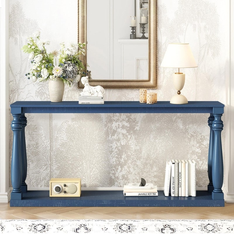 Vintage 63" Long Console Table with Bottom Shelf and Solid Wood Legs for Entryway and Hallway Decor