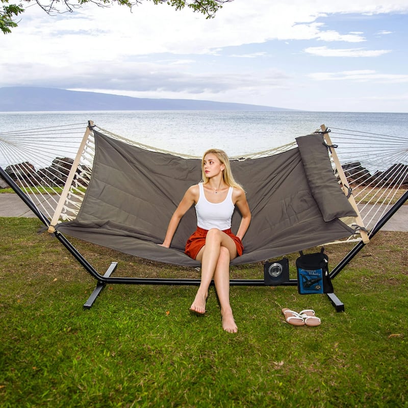 Double Hammock with Stand, Two Person Cotton Rope Hammock