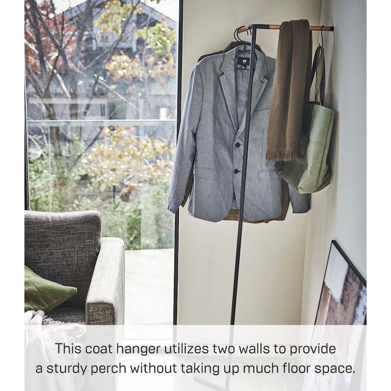 Yamazaki Home Corner Leaning Coat Hanger, Steel and Wood - L 12.4 x W 19.09 x H 62.99 inches
