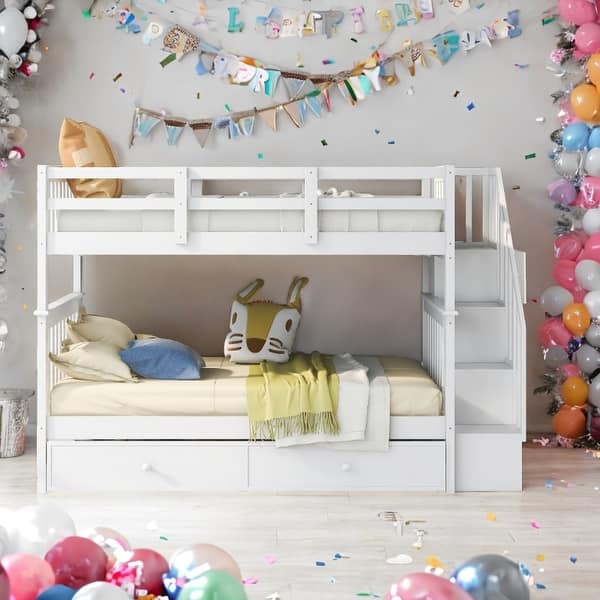 slide 2 of 15, Stairway Twin-Over-Twin Bunk Bed with Trundle White