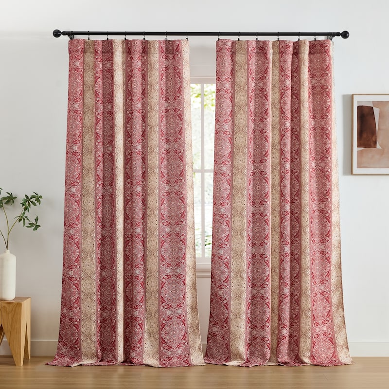 HLC.ME William Boho Damask Striped Window Back Tab Rod Pocket Curtains - Light Blocking Darkening Panels, Set of 2