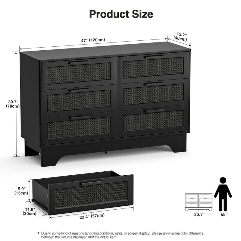 Anmytek Modern Black 6-Drawer Double Dresser for Bedroom Wood Rattan Chest of Drawers