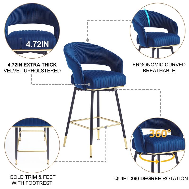 Hausfame Velvet Upholstered Set of 2 Swivel Barstool With Backs - 22.2 in. W X 21.5 in. D X 40 in. H