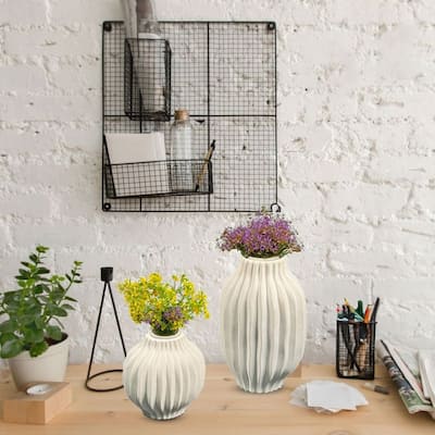 Set of Two White Vertical Grooved Squat and Oblong Vases
