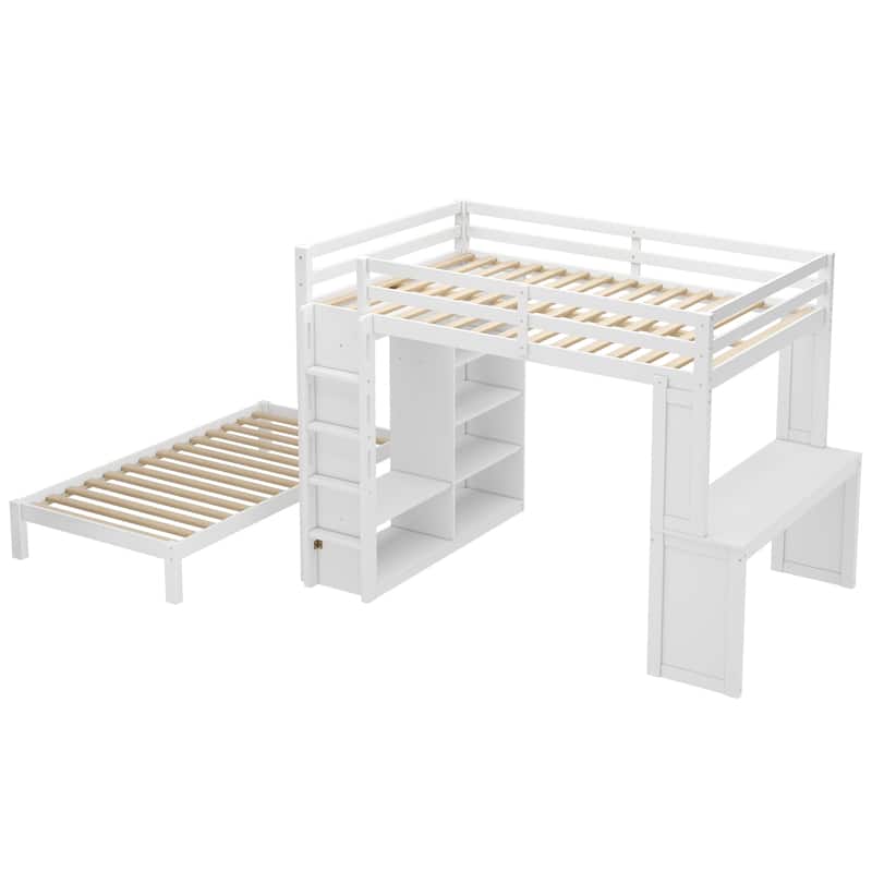 Queen Size Loft Bed & Twin Size Platform Bed Set, Wood Bunk Bed with Built-in Desk, Open Shelves and Wardrobe, Queen Over Twin