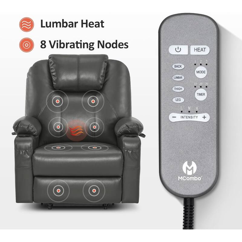 MCombo Large-Wide Power Lift Recliner Chair Sofa with Massage and Heat for Elderly People, Faux Leather R7510