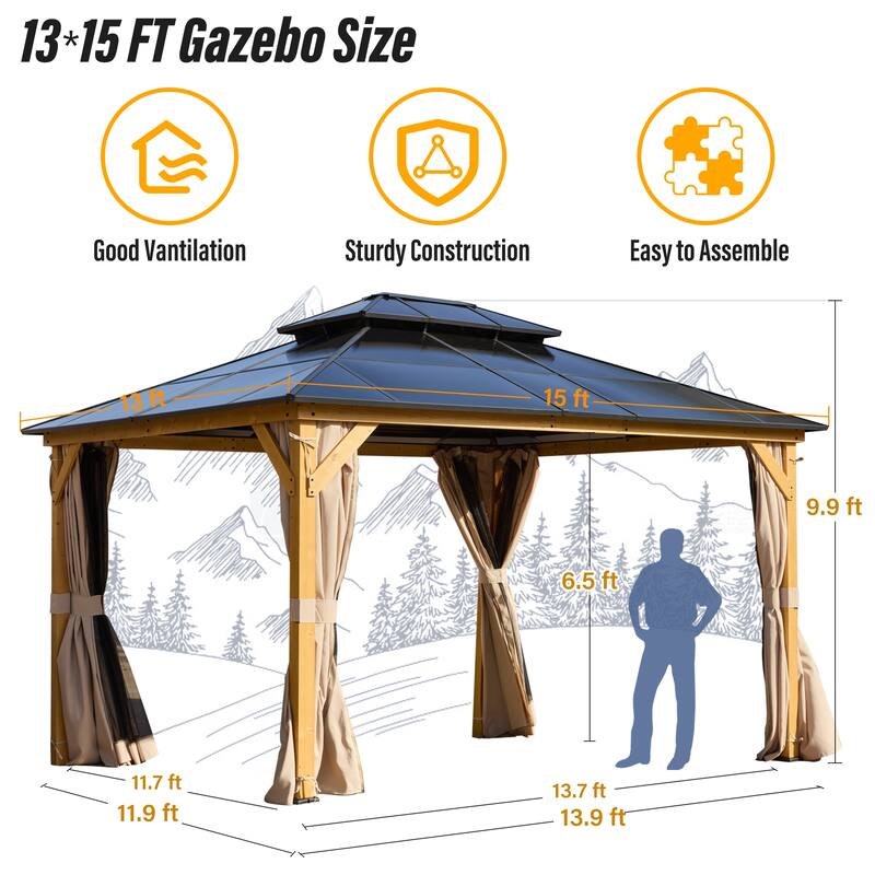 EROMMY Outdoor Wood Gazebo with Double Polycarbonate Roof, Heavy Duty Backyard Patio Pergola Canopy for Garden Shade