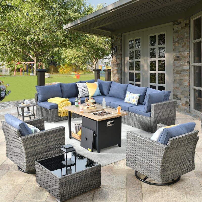 XIZZI 11-piece Outdoor Wicker Furniture Patio Swivel Chair Set with Firepit Table - Denim Blue
