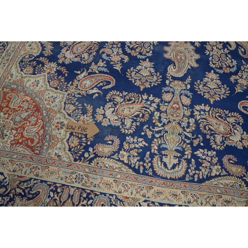 Hand Knotted Oriental 100% Wool Carpet Traditional Floral Navy Blue & Blues Kerman Area Rug - 13' 9'' X 9' 10''