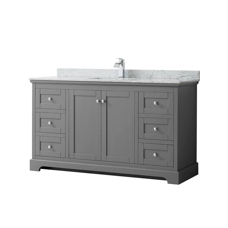 Wyndham Collection Avery 60" Free Standing Single Basin Vanity Set - Dark Gray / White Carrara Marble Top / Polished - Steel Finish