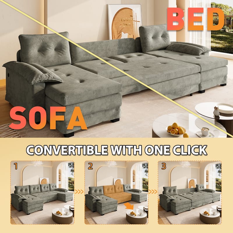 Homy Casa U Shaped Sleeper Sofa with Pull Out Bed USB Ports Convertible Sectional Couch with Chaise Lounge Beige Grey Orange