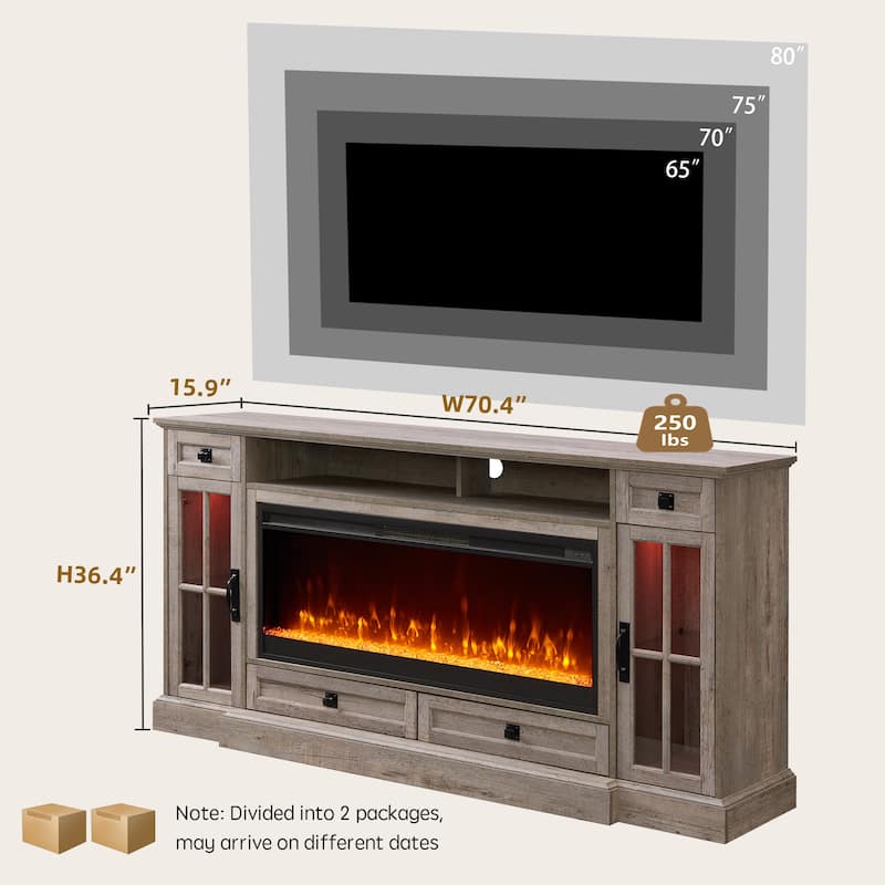 Fireplace TV Stand for 80" TV, Farmhouse Entertainment Center with LED