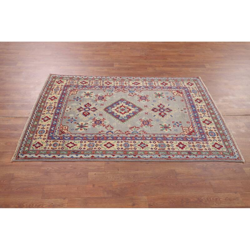 Gray Geometric Kazak Accent Rug Handmade Wool Carpet - 3'3" x 5'0"