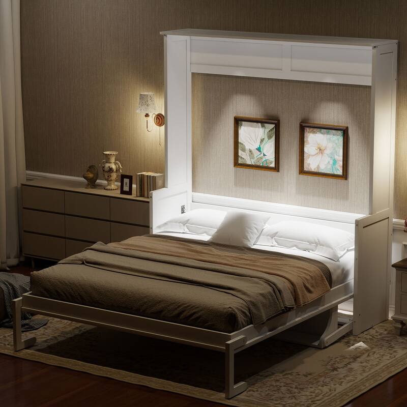 Roomfitters Queen Size Murphy Bed with Folding Desk and USB Charging Ports, Space-Saving Wall Bed with LED Lights