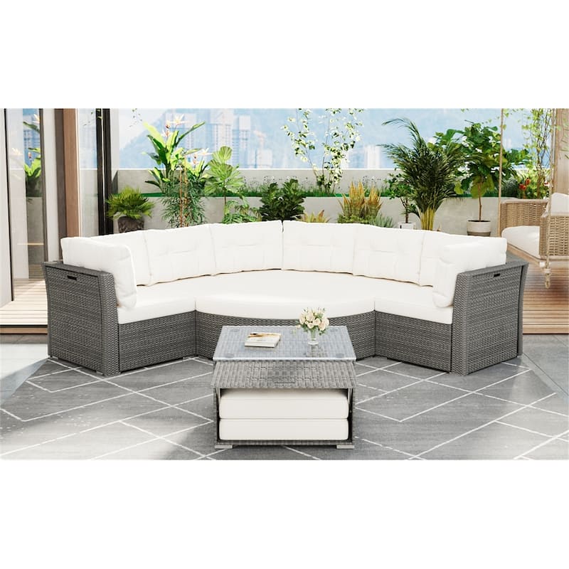 Outdoor Furniture Daybed Rattan Sectional Furniture Set Patio Seating Group With Cushions and Center Table. - Beige