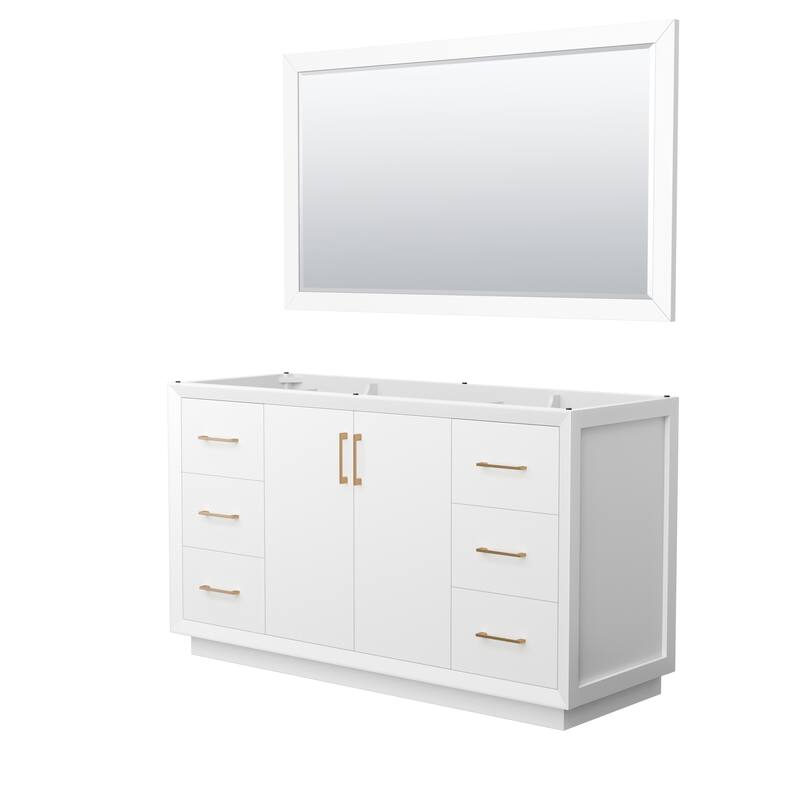 Strada 60-Inch Single Vanity Cabinet, 58-Inch Mirror - White, Satin Bronze Trim, No Top