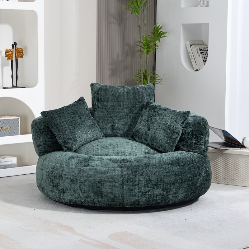 Chenille Oval Bean Bag Chair, Memory Foam Filling Lazy Sofa, Adults Lounge Chair with 3 Pillows & Semi-Wraparound Armrests