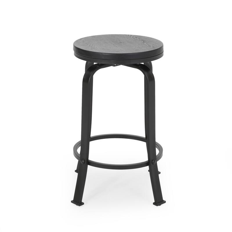 Lni Swivel Counter Stool Set of 2, Faux Wood Seat w Curved Black Metal
