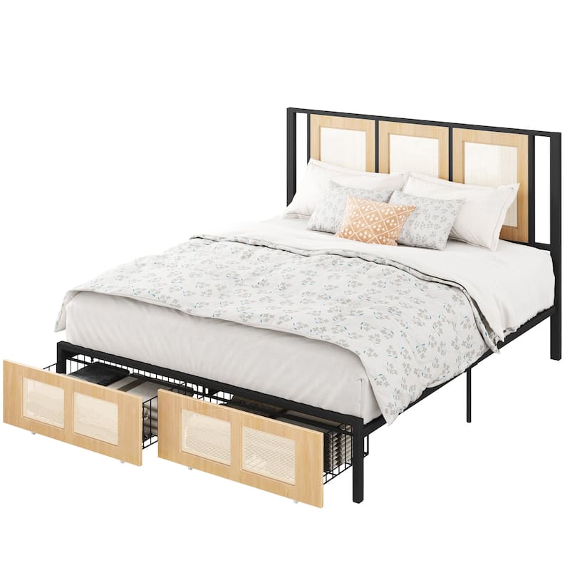 Moasis Rattan Headboard Storage Bed with 2 Drawer - Brown - Queen