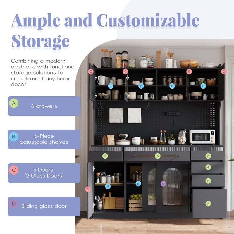 63" Buffet Hutch with Coffee Bar – 6 Drawers, 5 Adjustable Cabinets, Pegboard, Towel Rack & Power Outlet