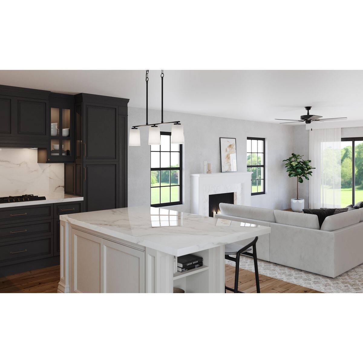 Adley Collection Three Light Matte Black Etched White Glass New