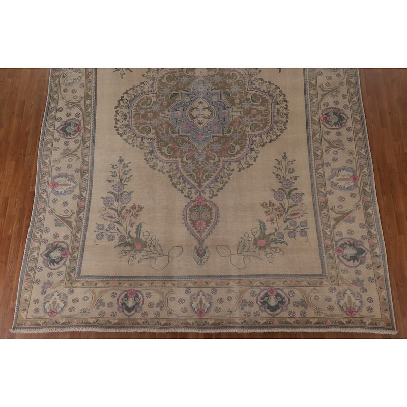 Distressed Geometric Tabriz Persian Rug Hand-knotted Wool Carpet - 9'8" x 12'11"