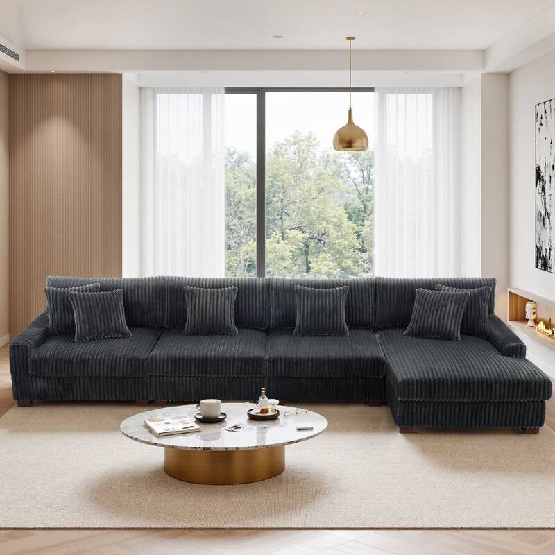 Cotton Flannel 3-Seat Modular Sectional Sofa with Chaise - Grey - Right Facing