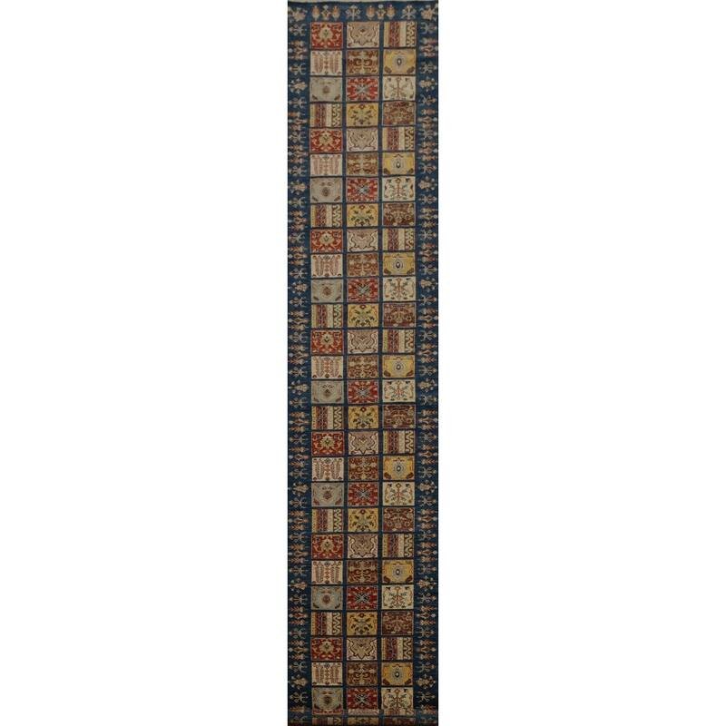 Hand Knotted Oriental 100% Wool Carpet Traditional Geometric Navy Blue & Blues Kazak Runner Rug - 22' 10'' X 2' 8''