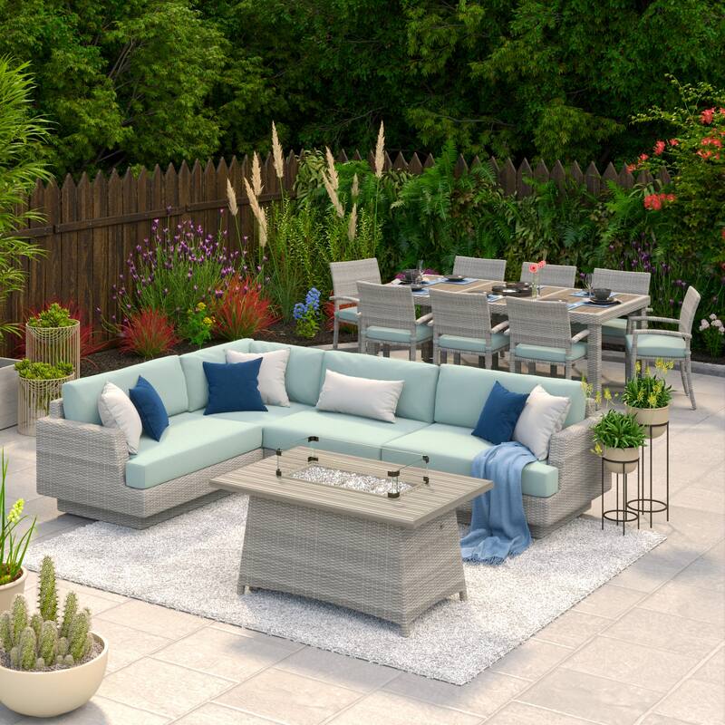 Portofino Comfort 14 Piece Sunbrella Outdoor Patio Sectional Seating & Dining Set With Fire Table