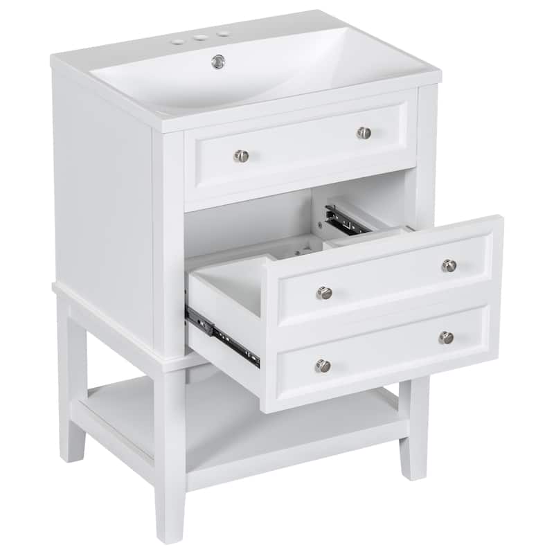 Roomfitters 24" Bathroom Vanity with Sink Storage Cabinet with Drawer and Open Shelf Solid Wood Frame, White