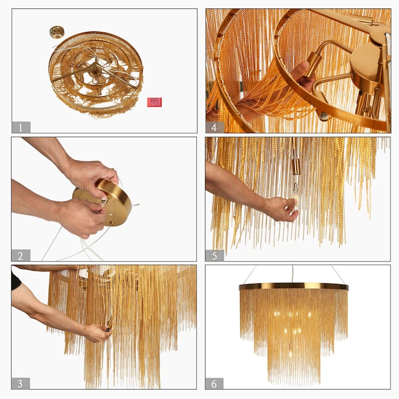 Mid-Century Modern 10-Light Tierd Gold Fringe Chandeliers for Dining Room - Dia. 31.5" x H 27.5"