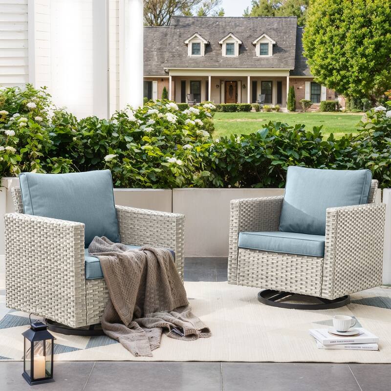 2 Pieces Outdoor Swivel Chairs with Thick Cushions - Light Grey - Baby Blue
